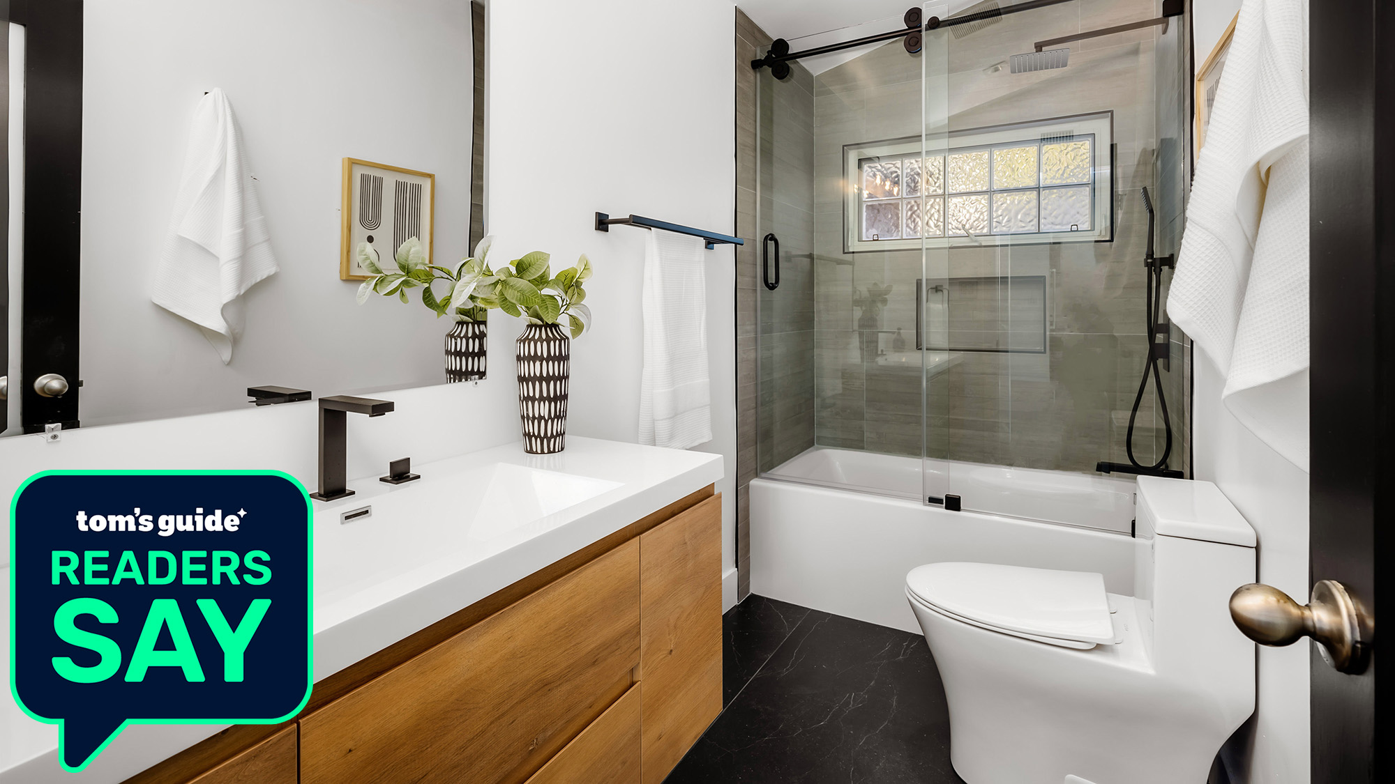 photo of a clean bathroom with the TG "Readers Say" badge overlay
