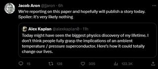 A screenshot of a tweet from Jacob Aron on the superconductor breakthrough