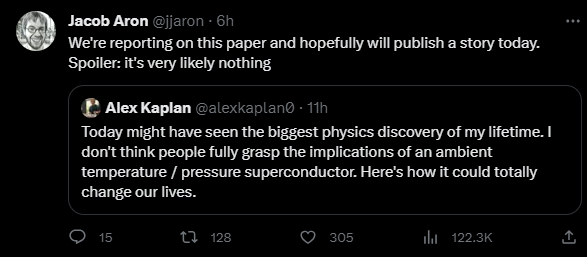 A screenshot of a tweet from Jacob Aron on the superconductor breakthrough