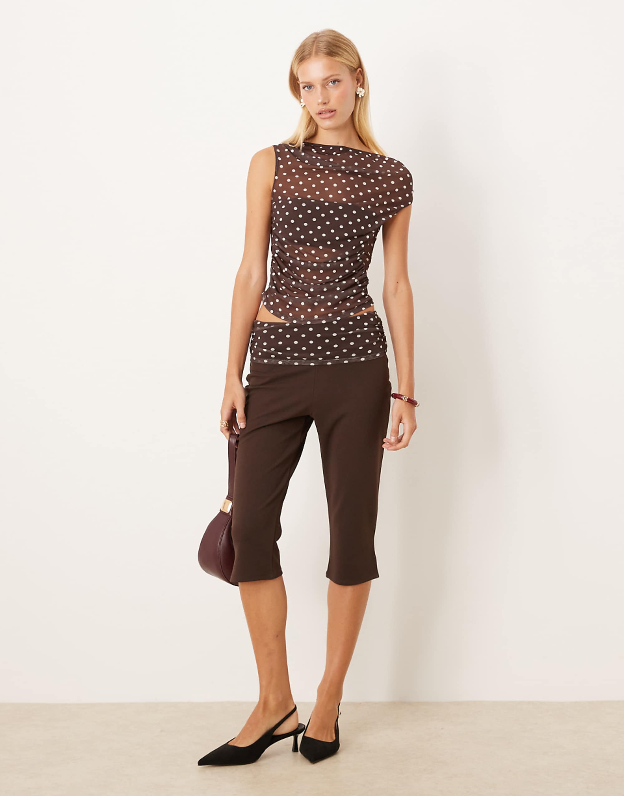 Asos Design Co-Ord Capri Trousers With Mesh Detail in Brown Polka Dot