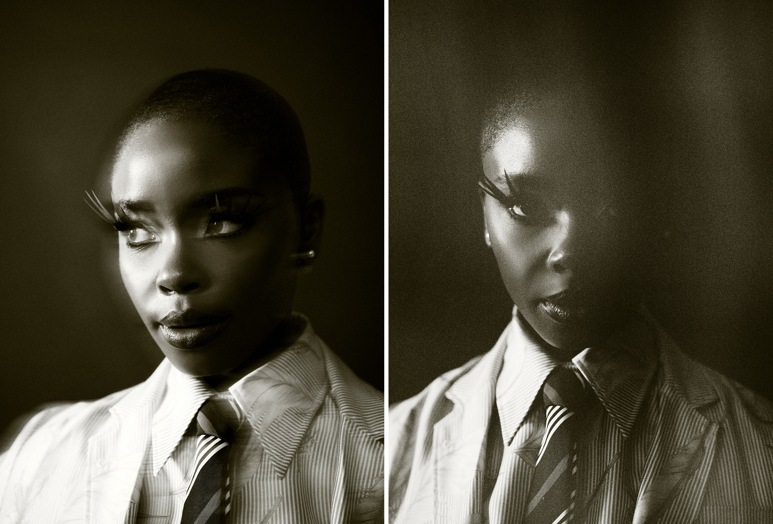 Black and white photos of Joy Sunday wearing a feather-print Thom Browne suit.