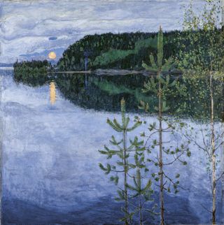 landscape painting of moon over water