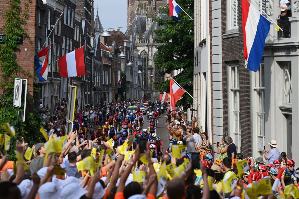 DORDRECHT NETHERLANDS AUGUST 13 A general view of the peloton prior to the 3rd Tour de France Femmes 2024 Stage 2 a 679km stage from Dordrecht to Rotterdam UCIWWT on August 13 2024 in Dordrecht Netherlands Photo by Dario BelingheriGetty Images