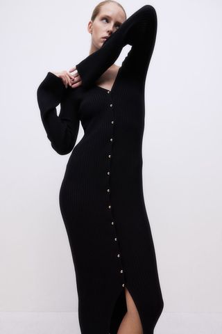 Rib-Knit Button-Front Dress