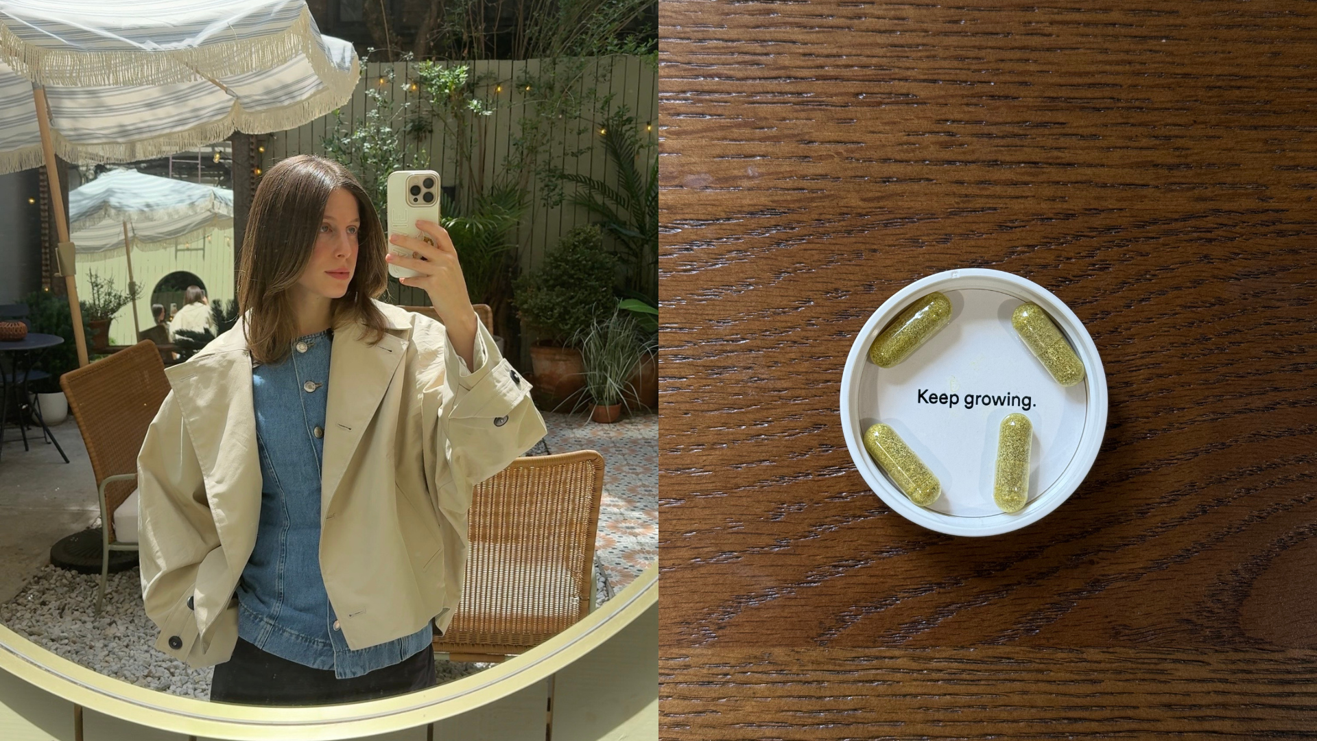 Collage of Jamie Chevron taking a mirror selfie next to Nutrafol capsules on a table.