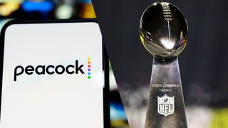 The Peacock logo on a phone next to an image of the Vince Lombardi Trophy, which is awarded to the winner of the Super Bowl.