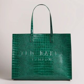 green faux croc tote bag