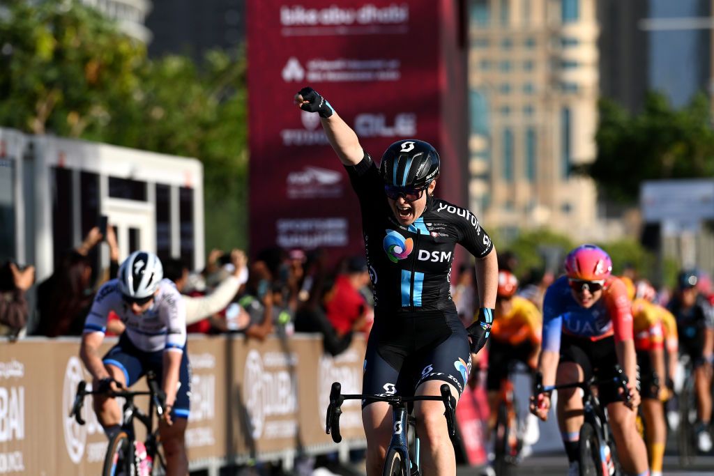 DUBAI UNITED ARAB EMIRATES FEBRUARY 09 Charlotte Kool of The Netherlands and Team DSM celebrates at finish line as stage winner ahead of Lorena Wiebes of The Netherlands and Team SD Worx and Chiara Consonni of Italy and UAE Team ADQ 2during the 1st UAE Tour Women 2023 Stage 1 a 109km stage from Port Rashid to Dubai Harbour UAETourWomen on February 09 2023 in Dubai United Arab Emirates Photo by Tim de WaeleGetty Images