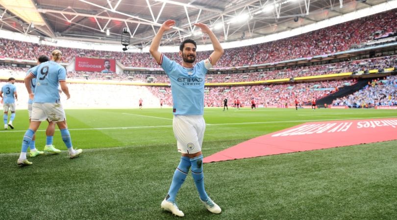 Manchester City&#039;s Ilkay Gundogan celebrating his second goal in the FA Cup final