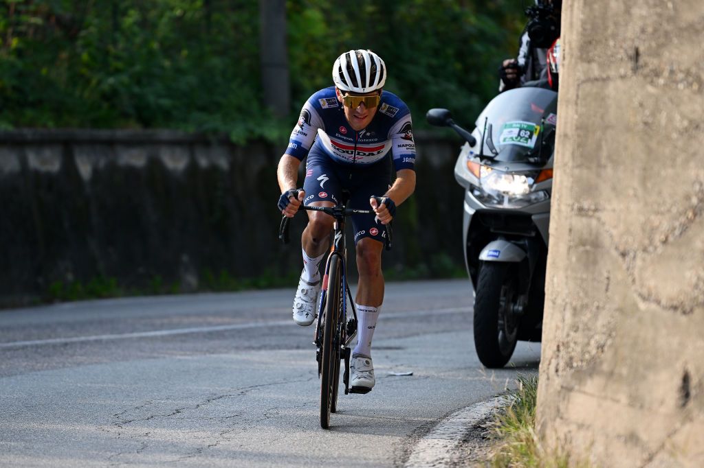 VARESE ITALY OCTOBER 03 Ilan Van Wilder of Belgium and Team Soudal Quick Step attacks to win the 102nd Tre Valli Varesine 2023 a 19654km one day race from Busto Arsizio to Varese on October 03 2023 in Varese Italy Photo by Dario BelingheriGetty Images