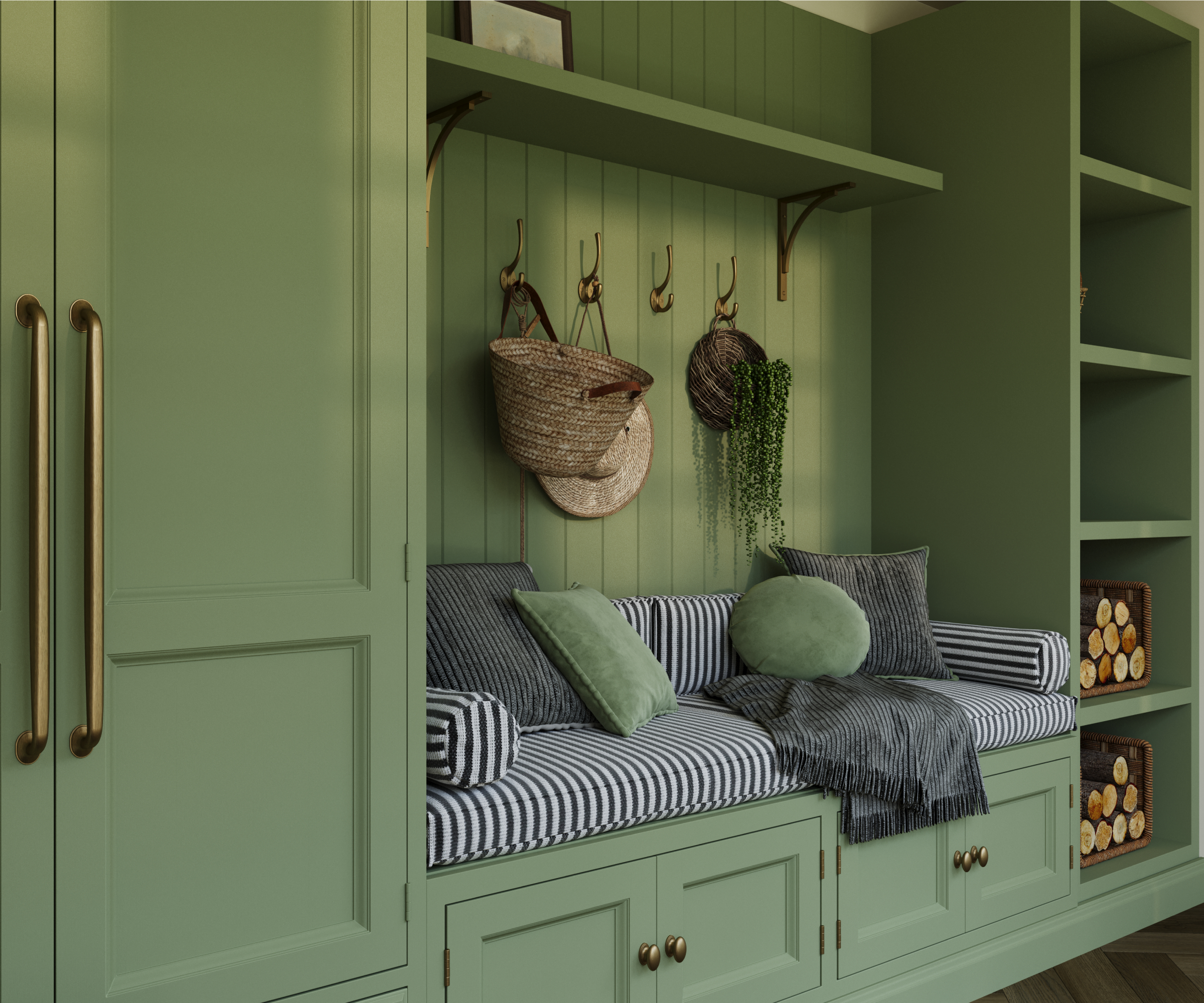 green painted built in boot room storage with matt brass handles, hooks and a seating area with navy and white striped cushions