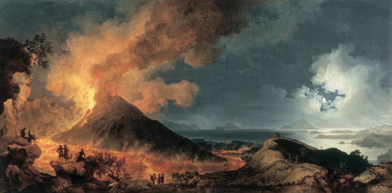 An Eruption of Vesuvius by Moonlight, 1774, oil on canvas, 51in by 102¼in (4ft 3in by 8ft by 6¼in), by Pierre-Jacques Volaire (1729–90s), Compton Verney, Warwickshire.