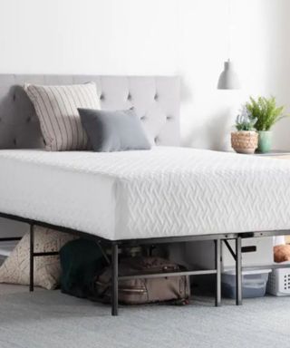 A bed frame with mattress on top in a neutral bedroom