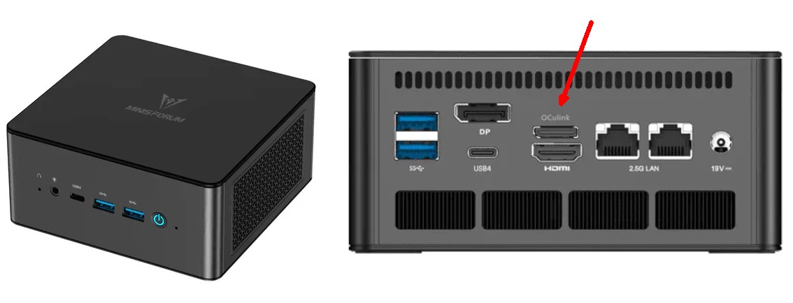 A photo showing two views of the Minisforum UM890 Pro, and highlighting the OCuLink connector on the rear.