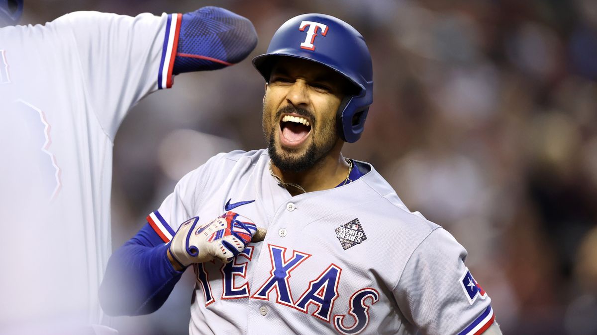 Marcus Semien #2 of the Texas Rangers celebrates after hitting a home ahead of Diamondbacks vs Rangers game 5.