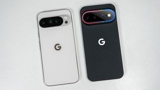 A white Google Pixel 10 Pro XL next to a mockup of a Google Pixel 11 Pro XL with a Thinborne case
