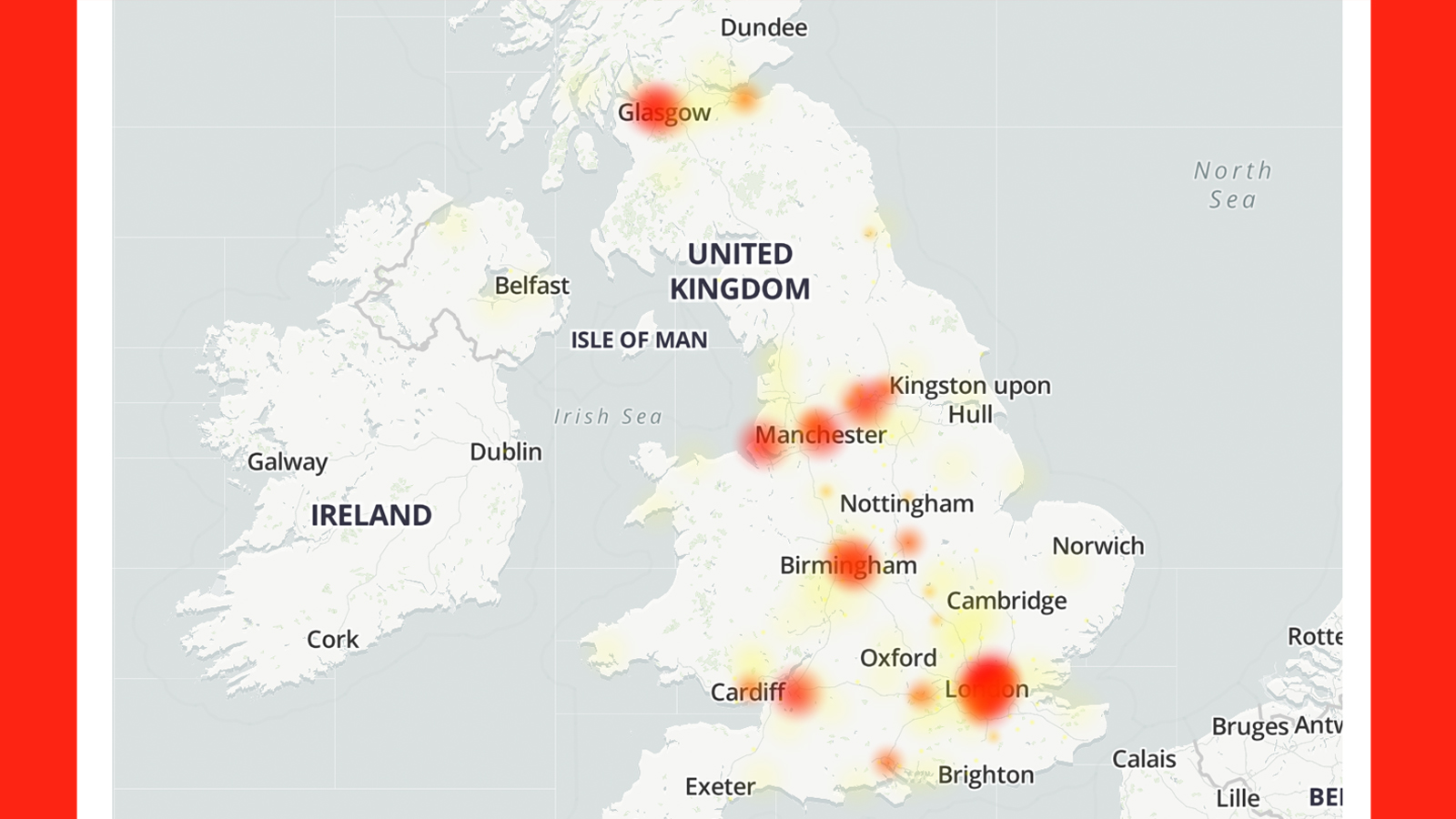 A map on Downdetector showing the locations of reported issues with Vodafone