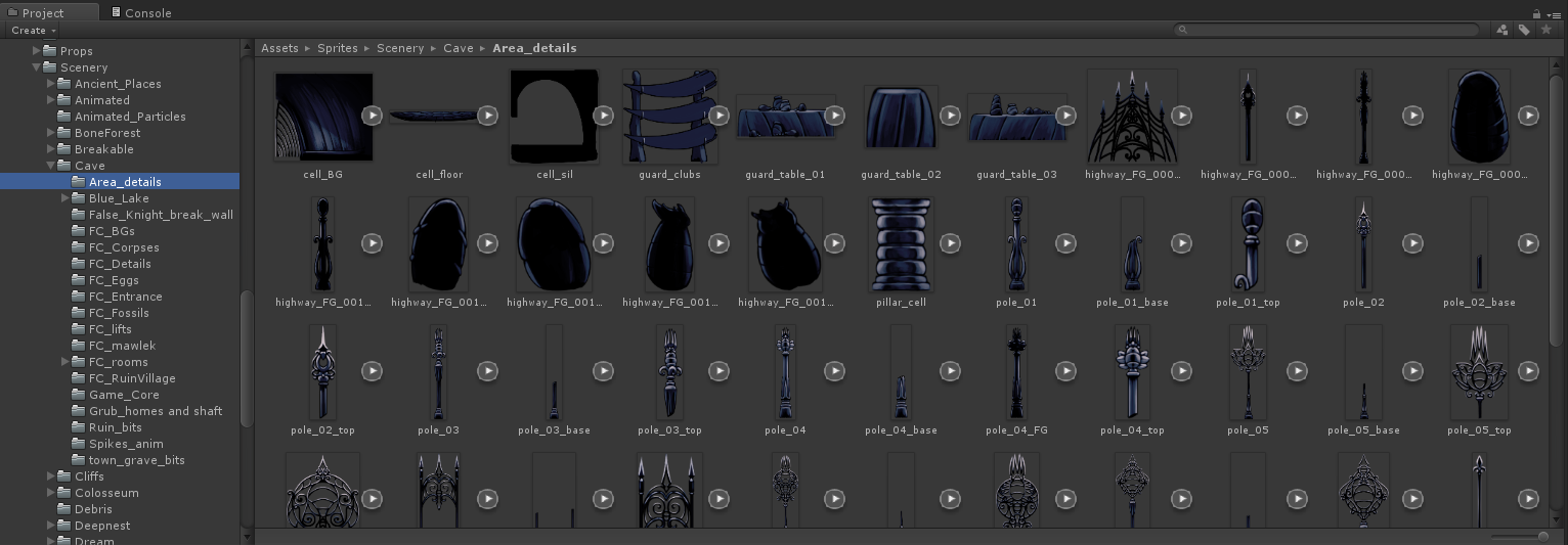 A palette in Unity full of Ari's hand-drawn art assets.