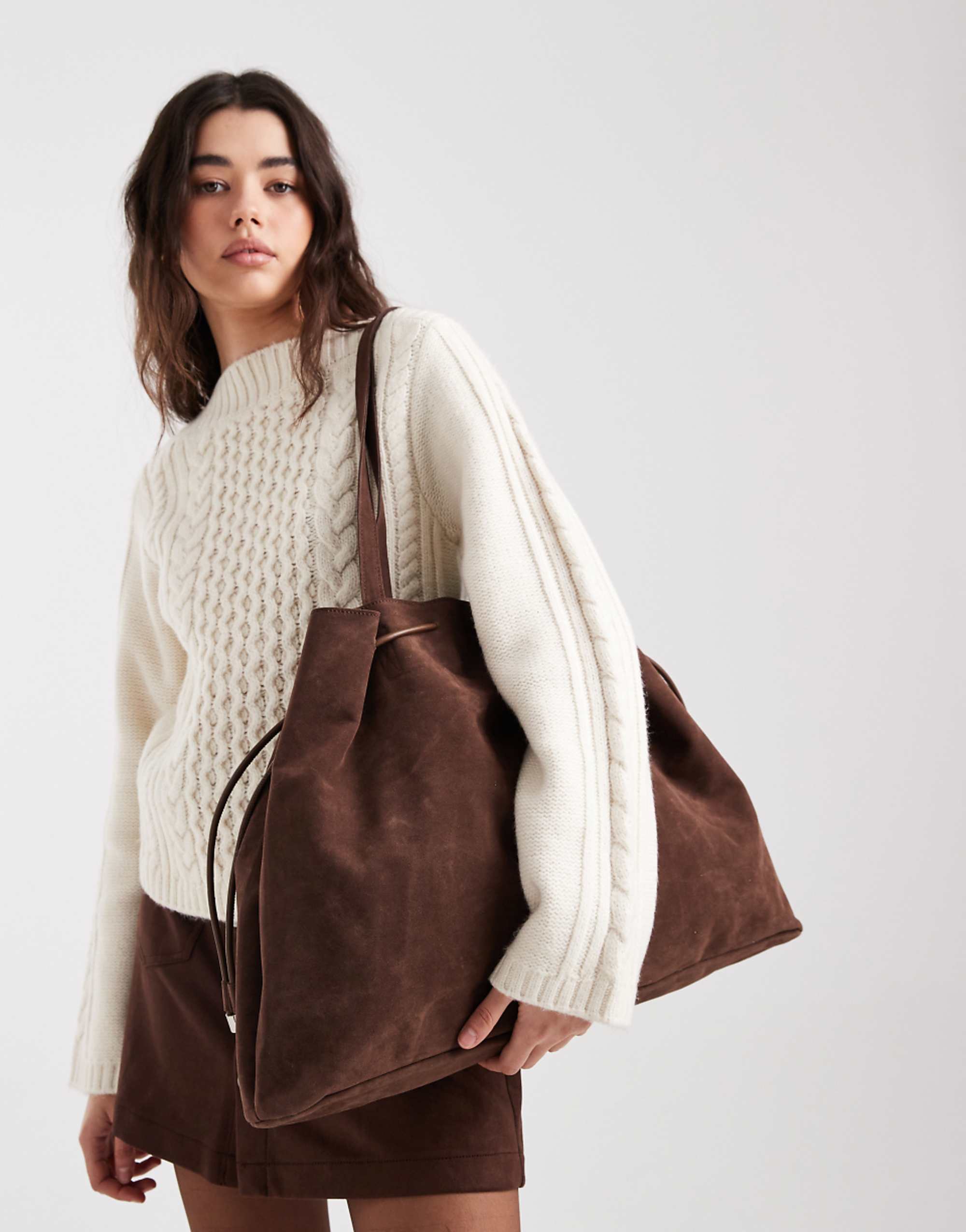 Pasq Faux Suede Drawstring Tote Bag in Dark Brown