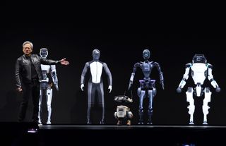 Nvidia Blackwell superchip; a man on a stage with robots