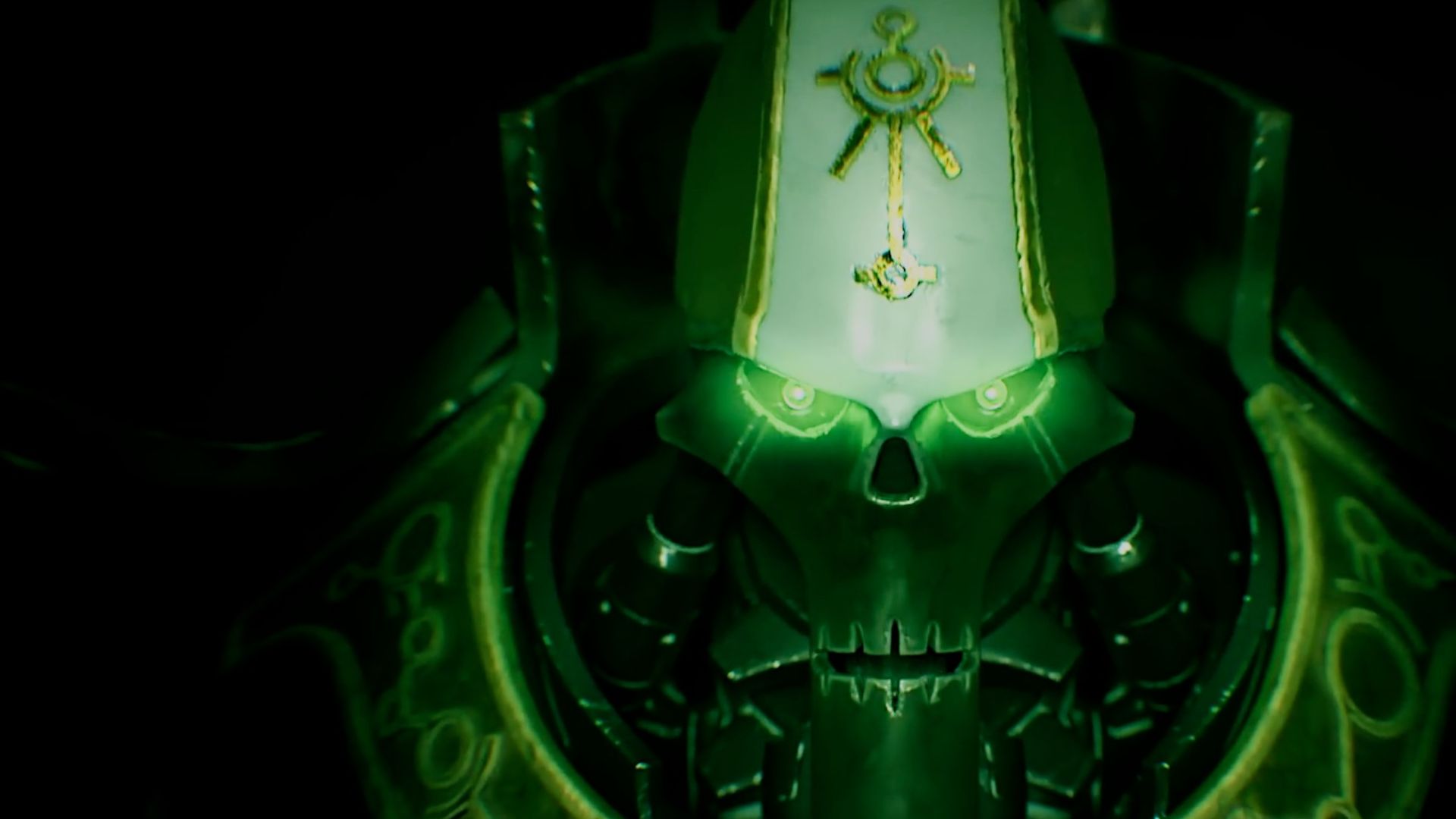 A necron with hieroglyphic ornamentation and glowing green eyes