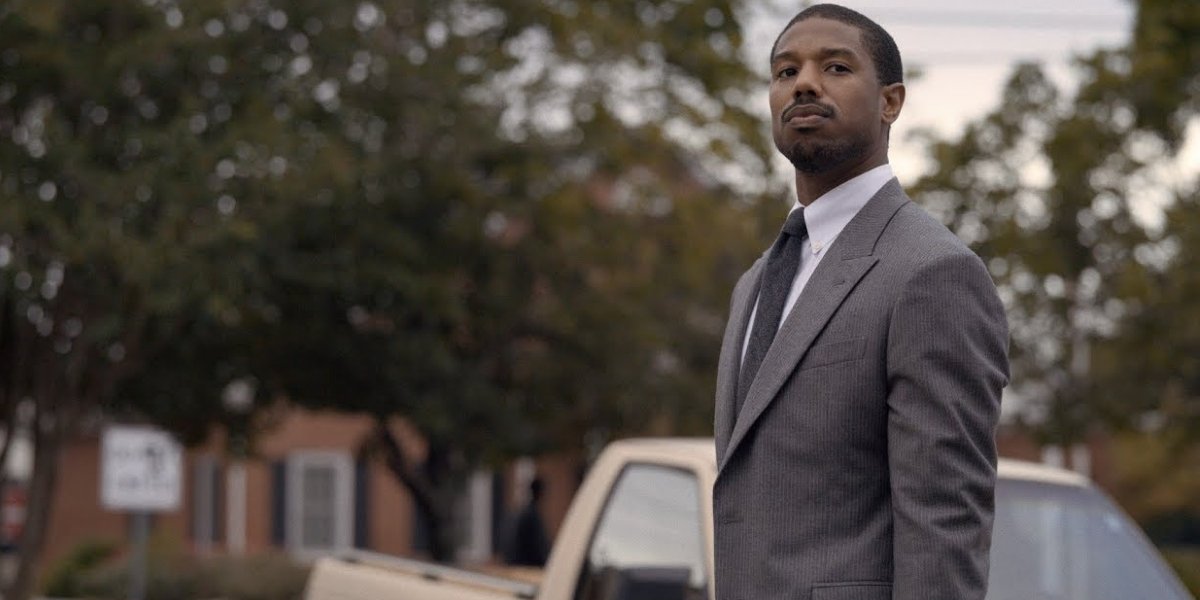 Just Mercy Michael B. Jordan stands proudly outside