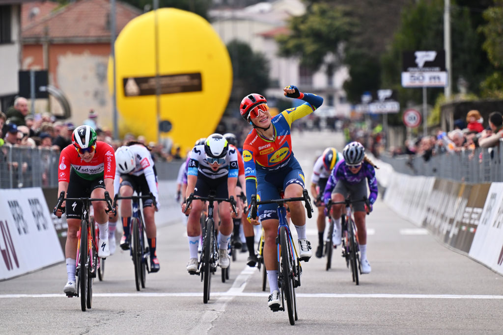 CITTIGLIO, ITALY - MARCH 16: Elisa Balsamo of Italy and Team Lidl - Trek celebrates at finish line as race winner ahead of Blanka Vas of Hungary and Team SD Worx - Protime during the 26th Trofeo Alfredo Binda-Comune di Cittiglio 2025 - Women's Elite a 152km one day race from Luino to Cittiglio / #UCIWWT / on March 16, 2025 in Cittiglio, Italy. (Photo by Luc Claessen/Getty Images)