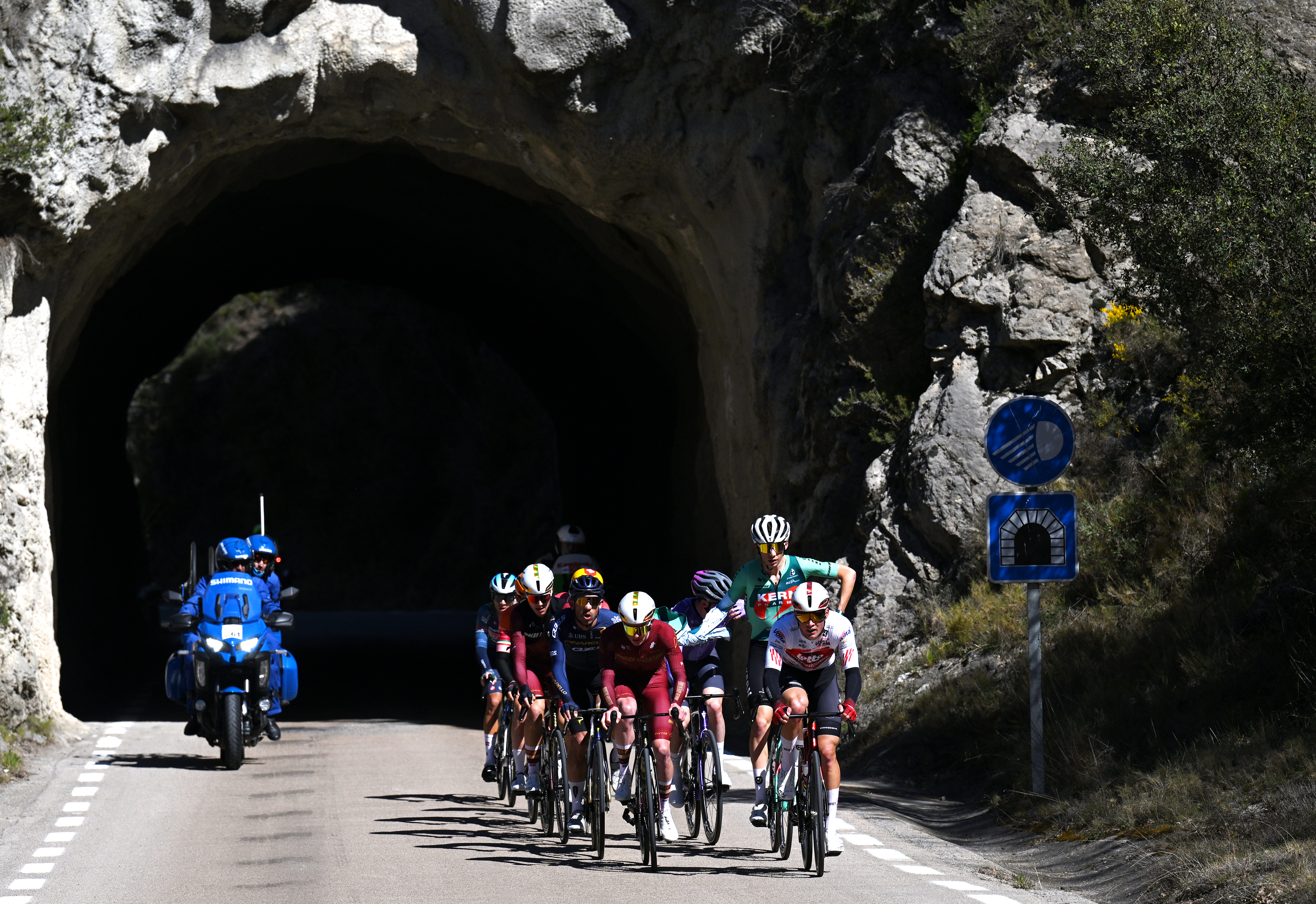 LA MOLINA, SPAIN - MARCH 27: A general view of Junior Lecerf of Belgium and Team Soudal Quick-Step, Tobias Svarre of Denmark and Team Uno-X Mobility, Felix Engelhardt of Germany and Team Jayco AlUla, Baptiste Veistroffer of France and Team Lotto Intermarch&amp;eacute;, David Gonzalez of Spain and Team Pinarello Q36.5 Pro Cycling, Mats Wenzel of Luxembourg and Team Equipo Kern Pharma, Samuel Fernandez of Spain and Team Euskaltel - Euskadi, Tyler Stites of United States and Samuel Florez of Colombia and Team Modern Adventure Pro Cycling compete in the breakaway during the 105th Volta a Catalunya 2026, Stage 5 a 155.3km stage from La Seu d&amp;amp;apos;Urgell to La Molina/Coll de Pal 2109m / #UCIWT / on March 27, 2026 in La Molina, Spain. (Photo by Szymon Gruchalski/Getty Images)