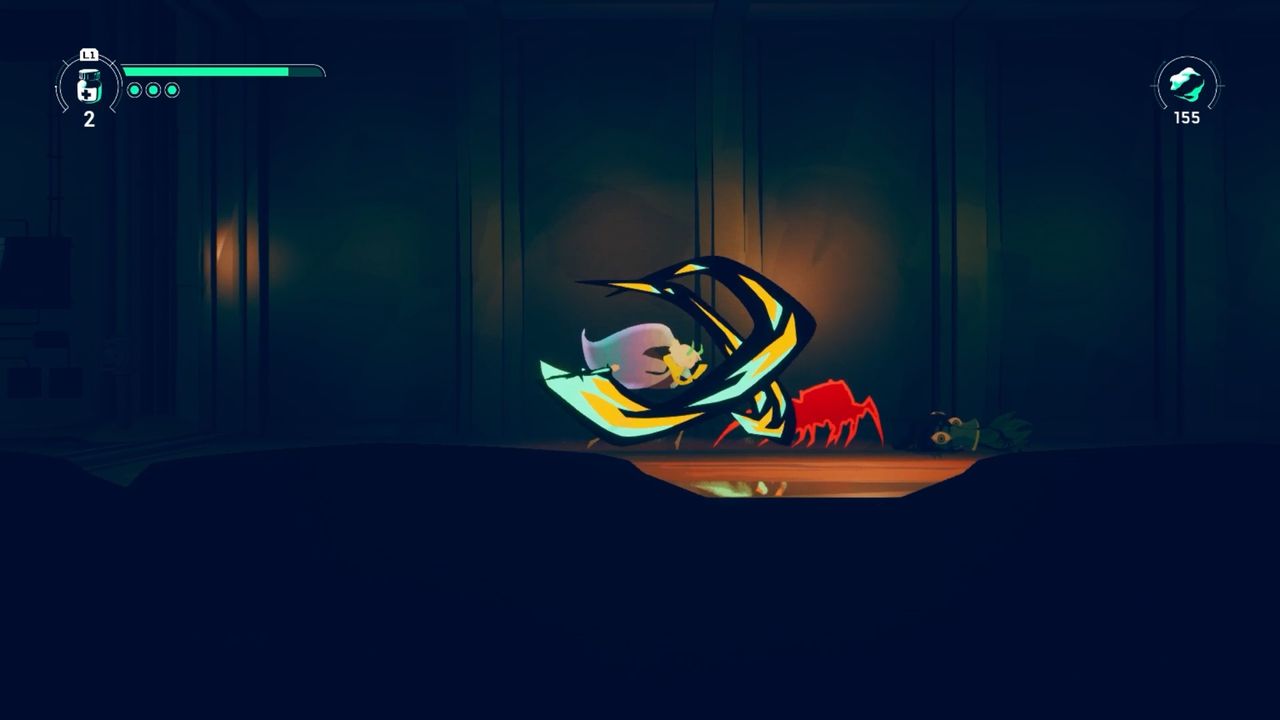 Possessor(s) gameplay showing protagonist swinging weapon with trailing light behind it in dark hallway.
