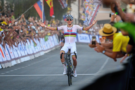 Tour de France's five-time winner Slovenian rider Tadej Pogacar celebrates as he wins the Tadej Pogacar's Criterium Elite Men's race in his hometown in Komenda, Slovenia on July 31, 2026. (Photo by Jure Makovec / AFP via Getty Images)
