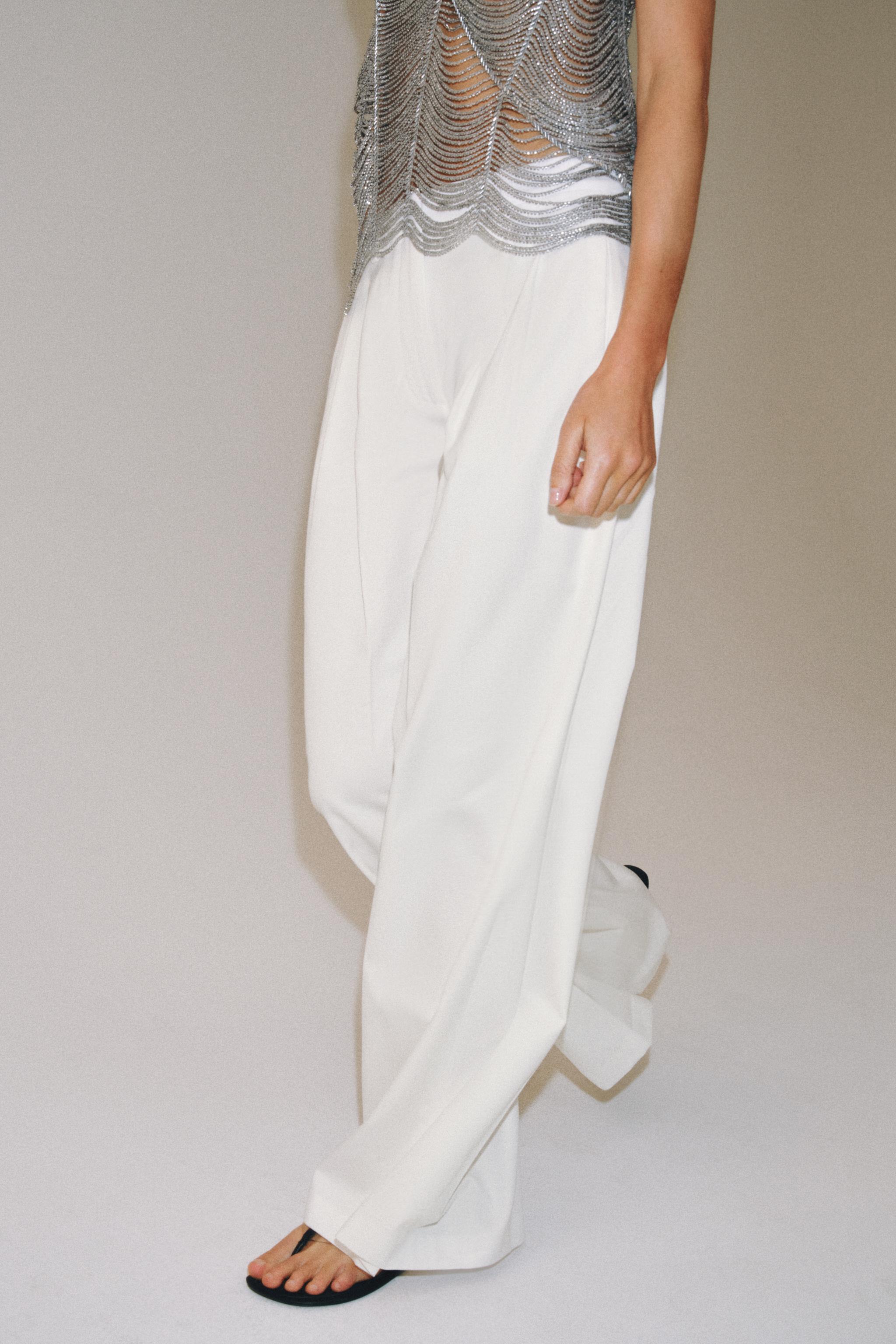 Zw Collection Pleated Wide Leg Pants - White - Xs