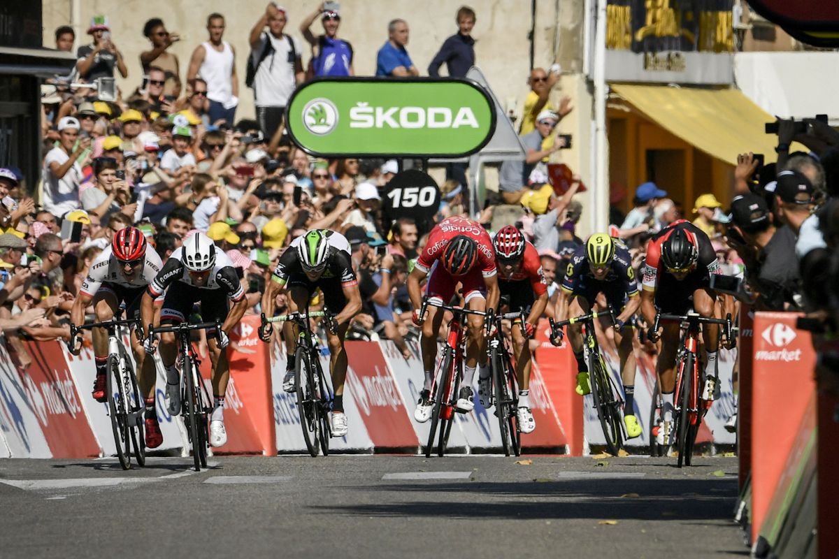 The sprinters bear down on the line during stage 16 at the Tour de France
