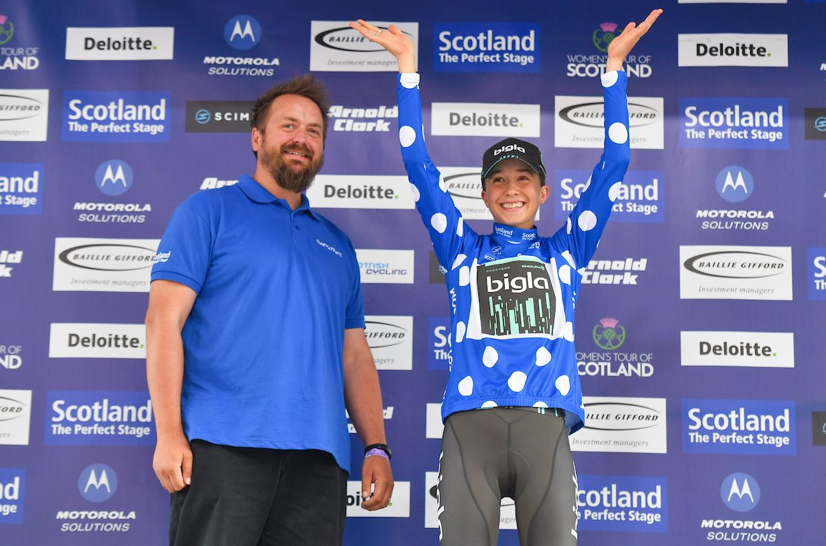 Cecilie Uttrup Ludwig of BIGLA cycling team in the Event Scotland Queen of the Mountains Jersey.