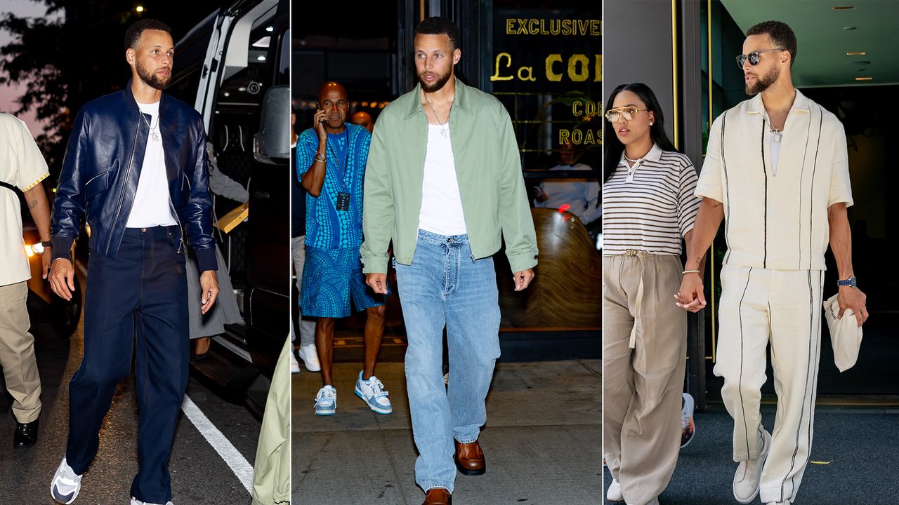 A collage of photos showcasing outfits worn by Steph Curry.