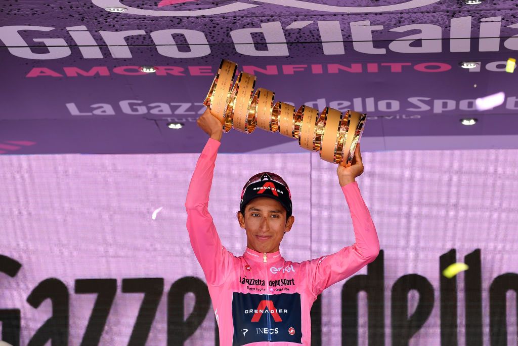 MILAN ITALY MAY 30 Egan Arley Bernal Gomez of Colombia and Team INEOS Grenadiers Pink Leader Jersey during the 104th Giro dItalia 2021 Stage 21 a 303km Individual Time Trial stage from Senago to Milano Duomo di Milano Milan Cathedral Trophy Trofeo Senza Fine ITT UCIworldtour girodiitalia Giro on May 30 2021 in Milan Italy Photo by Stuart FranklinGetty Images