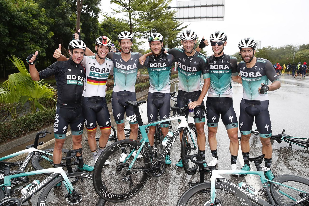 The Bora-Hansgrohe team celebrate Ackermann's stage win