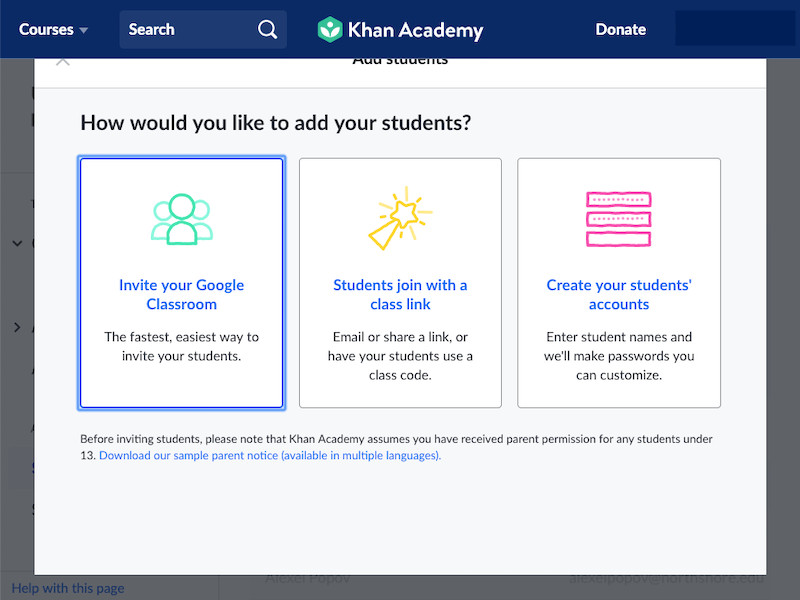 Khan Academy screenshot: How to add students
