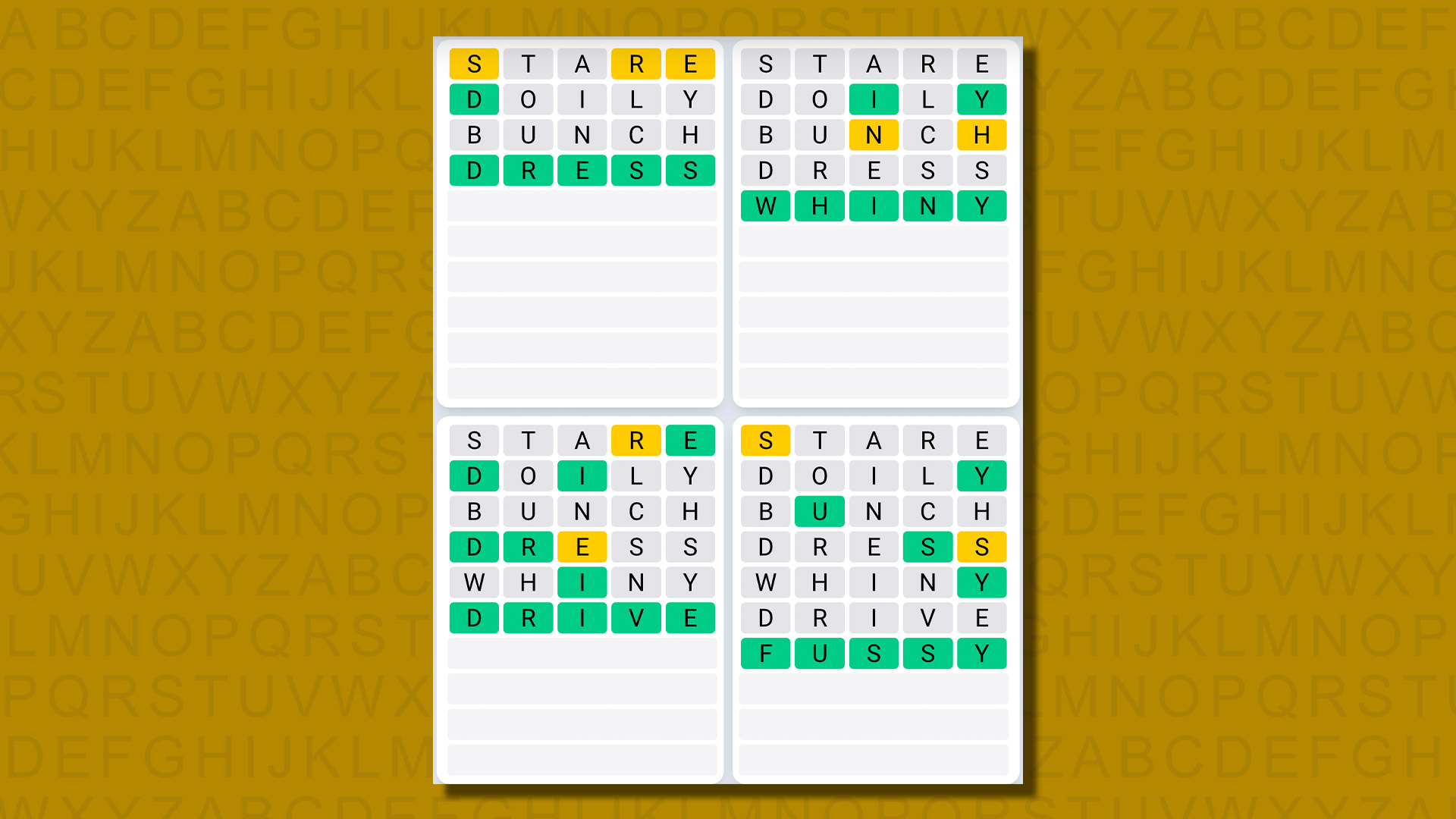 Quordle daily sequence answers for game 658 on a yellow background