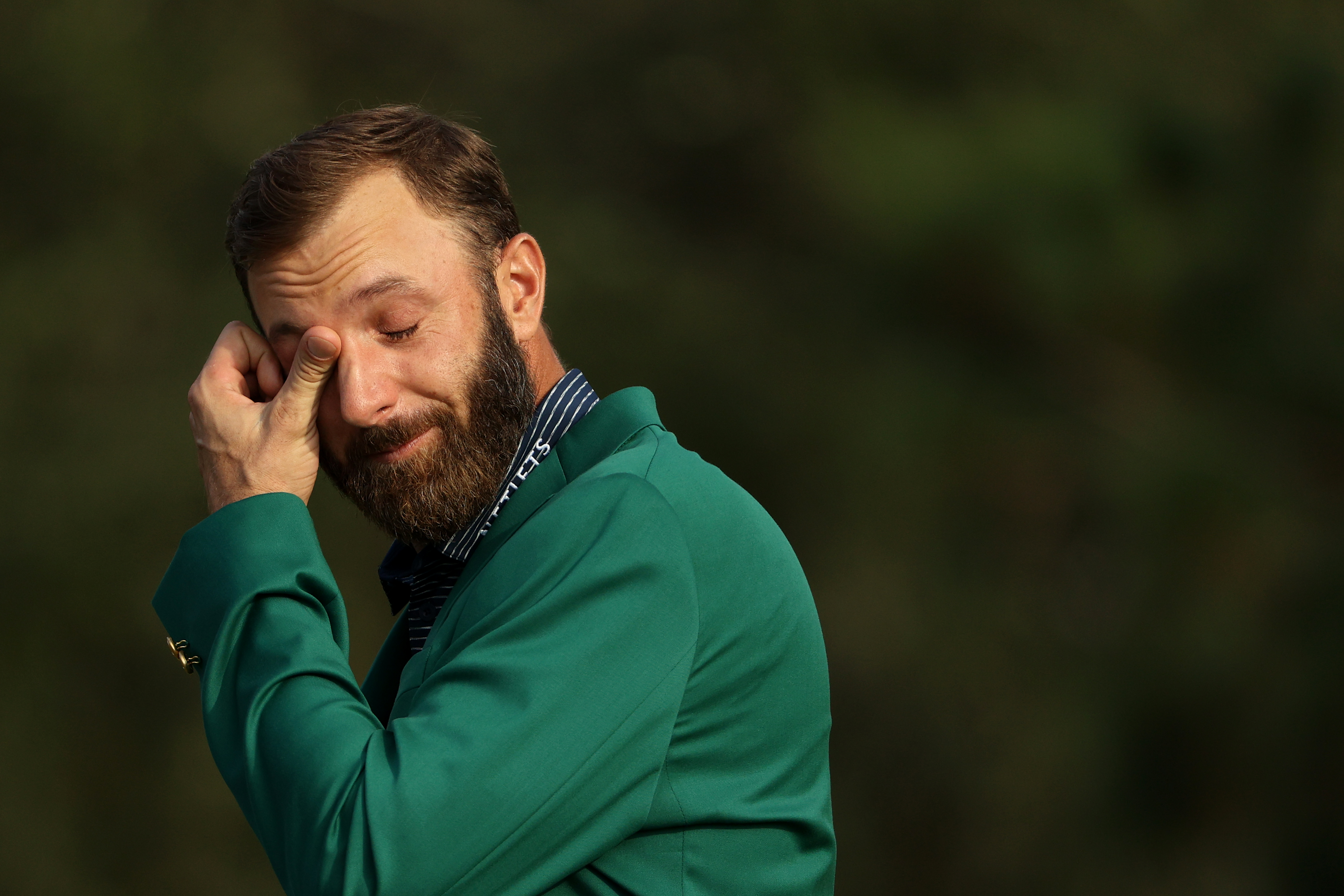 Dustin Johnson crying after winning The Masters at Augusta in 2020