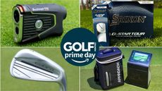 Four pictures of golf equipment with an Amazon Prime Day logo in the middle