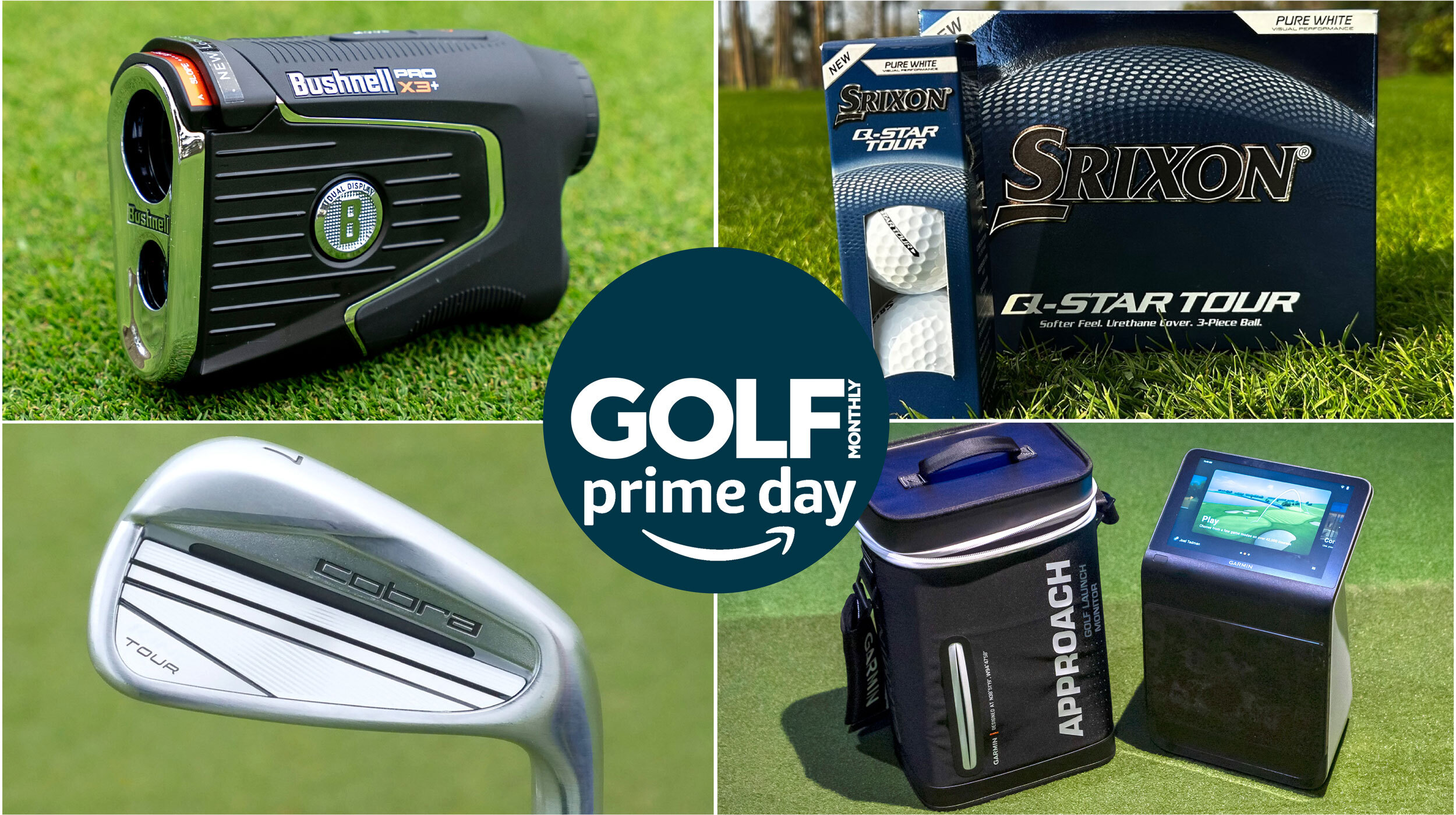 Four pictures of golf equipment with an Amazon Prime Day logo in the middle