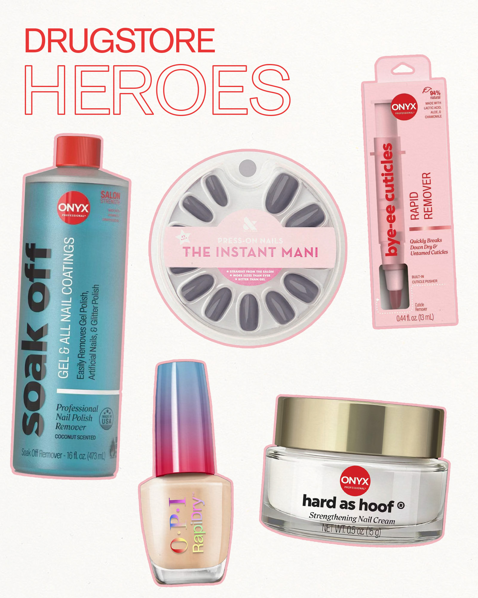 Drugstore nail products collage.