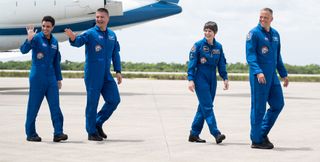 The Crew-4 astronauts after landing in Florida on April 18, 2022. (From the left) NASA astronauts Jessica Watkins, Kjell Lindgren, ESA astronaut Samantha Cristoforetti and NASA astronaut Robert Hines.