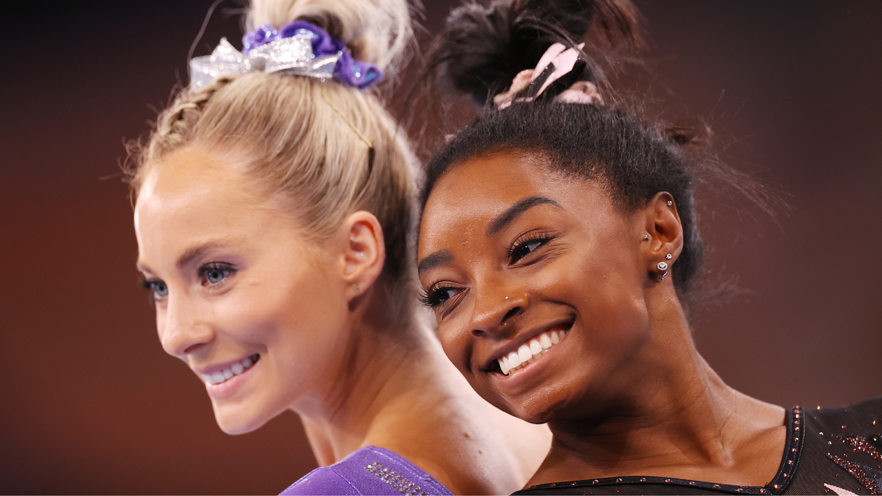 Mykayla Skinner and Simone Biles of Team United States pose for a photo during Women&#039;s Podium Training ahead of the Tokyo 2020 Olympic Games at Ariake Gymnastics Centre on July 22, 2021 in Tokyo, Japan.