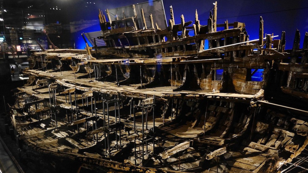 A shipwreck on display at a museum
