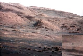 Photo of Mount Sharp on Mars as seen by Curiosity rover, with inset box showing car-size rock.