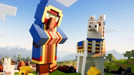 A Wandering Villager and a Llama and followed by a crowd of other Minecraft mobs