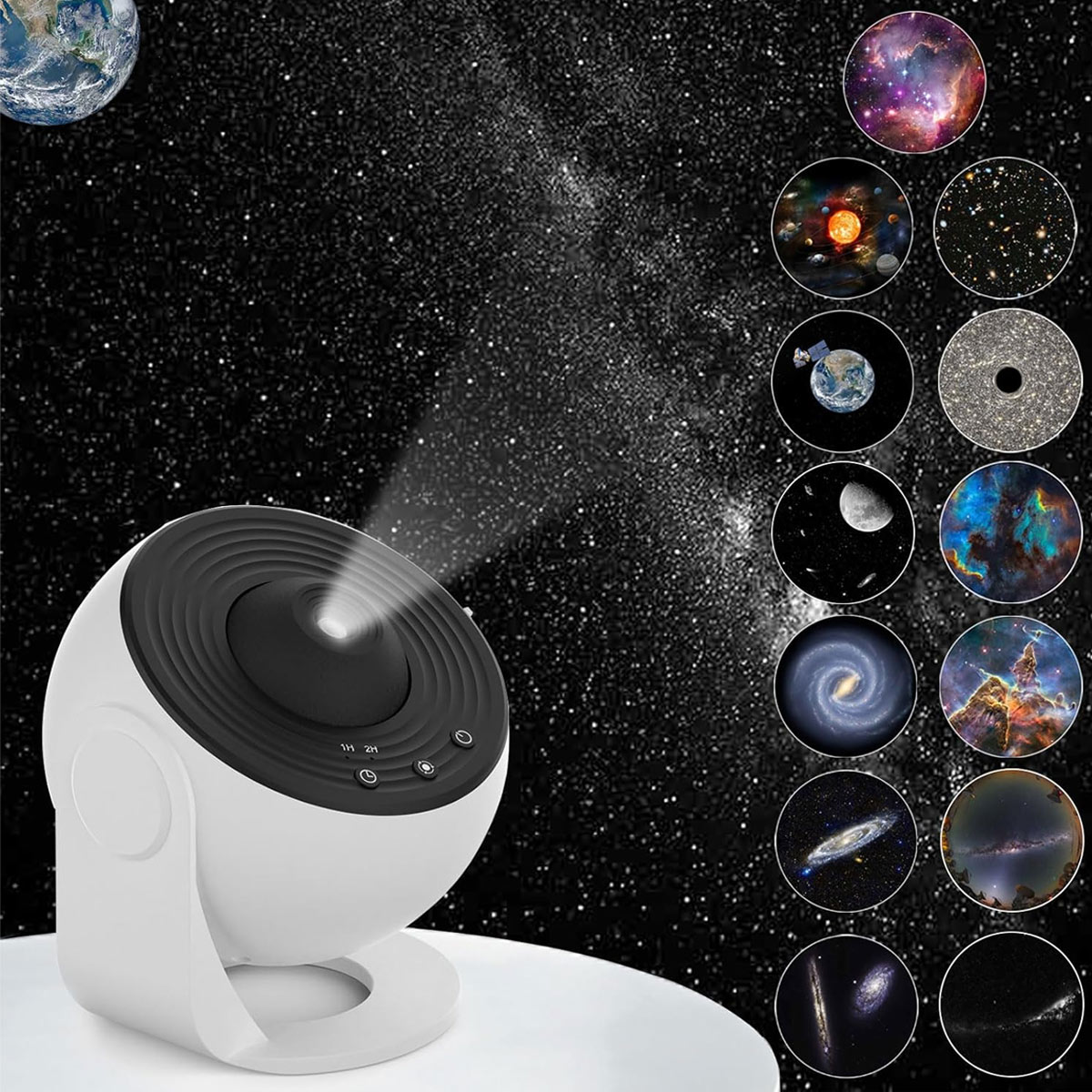 A white round lamp is on a stand attached to its side and projecting out a light on a dark starry background.