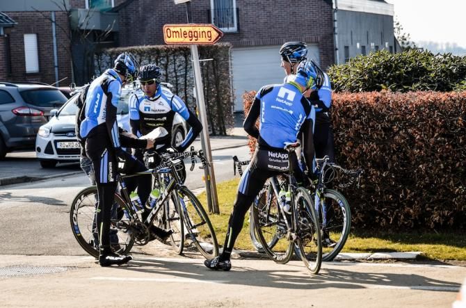 Team NetApp-Endura stops for a break during recon of the Omloop Het Nieuwsbald