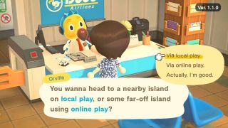 Animal Crossing New Horizons player telling Orville that they want to use a local connection to visit someone